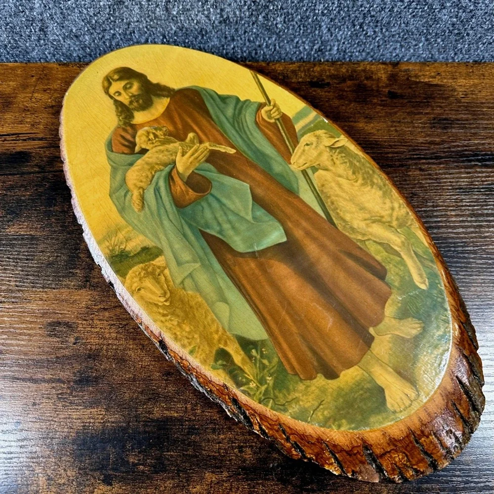 Vintage 1960's Jesus the Good Shepherd on Wood Bark 17
